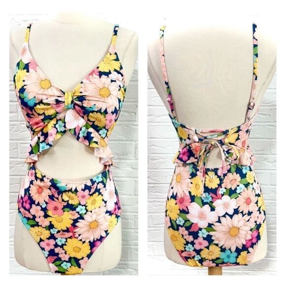 Hurley NWT yellow navy floral cutout waist one piece swimsuit size xl - Picture 1 of 10